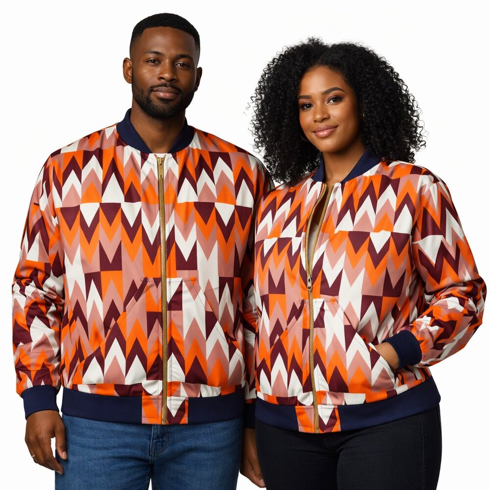 Unisex Orange & Burgundy Ankara Print Bomber Jacket